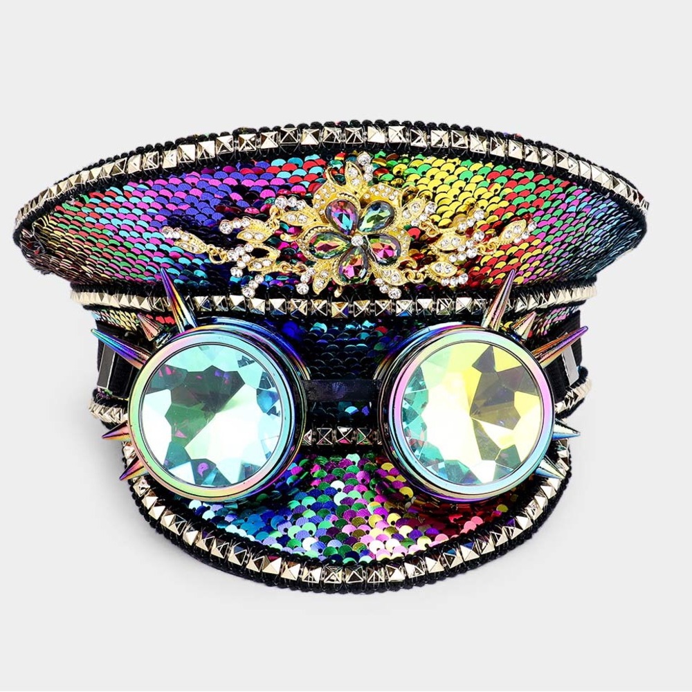 Colorful Steampunk Goggle Sequin Captain Rave Hat